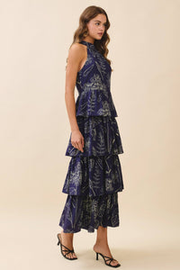 Midnight Navy Floral Printed Halter Neck Back Tie Tiered Maxi Dress | TCEC
