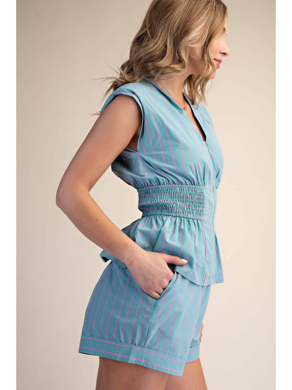 Mint and Hot Pink Striped Sleeveless Vest V-Neck Top with Smocked Waist and Zipper Front | Glam