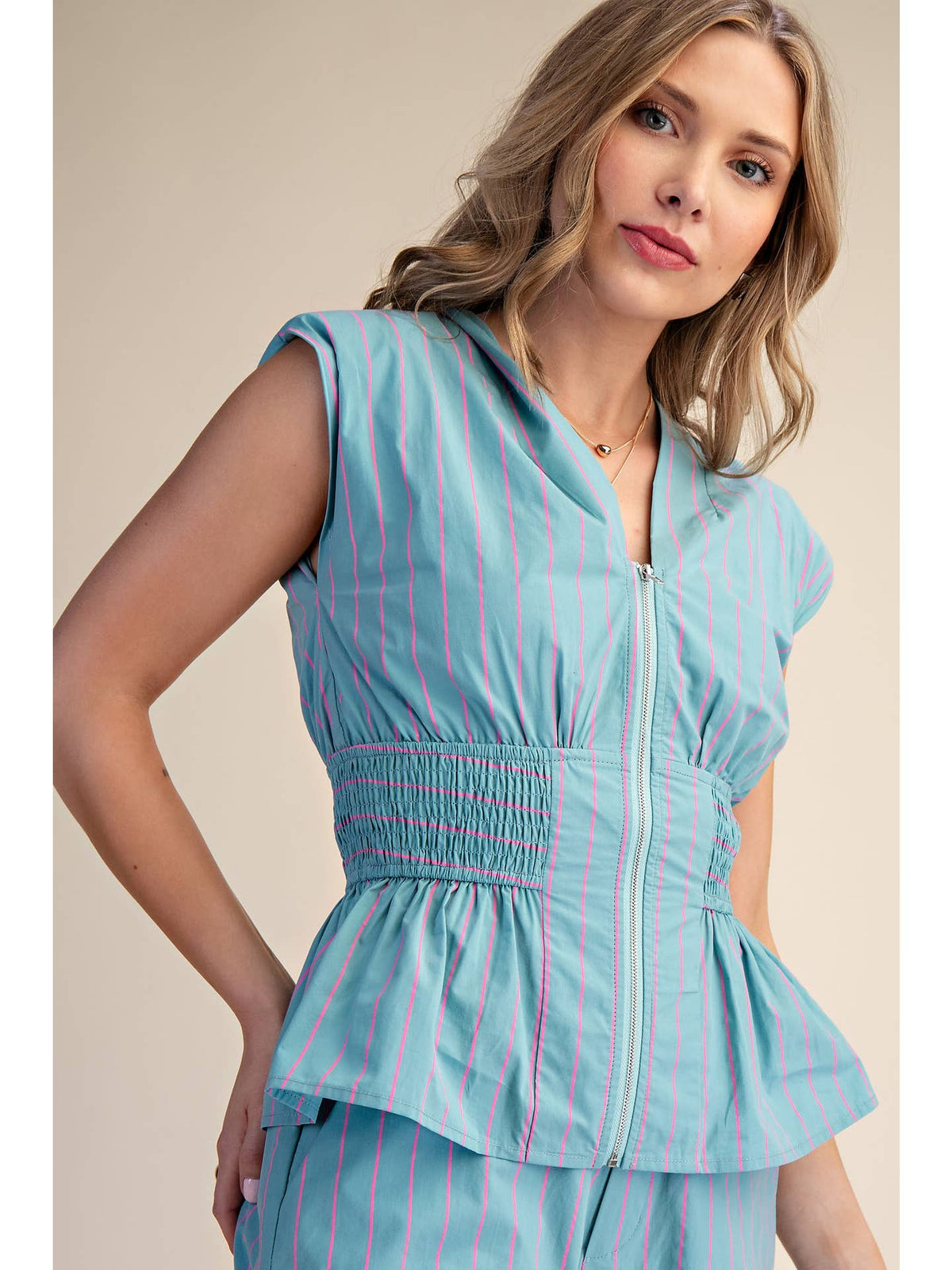 Mint and Hot Pink Striped Sleeveless Vest V-Neck Top with Smocked Waist and Zipper Front | Glam