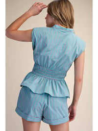 Mint and Hot Pink Striped Sleeveless Vest V-Neck Top with Smocked Waist and Zipper Front | Glam