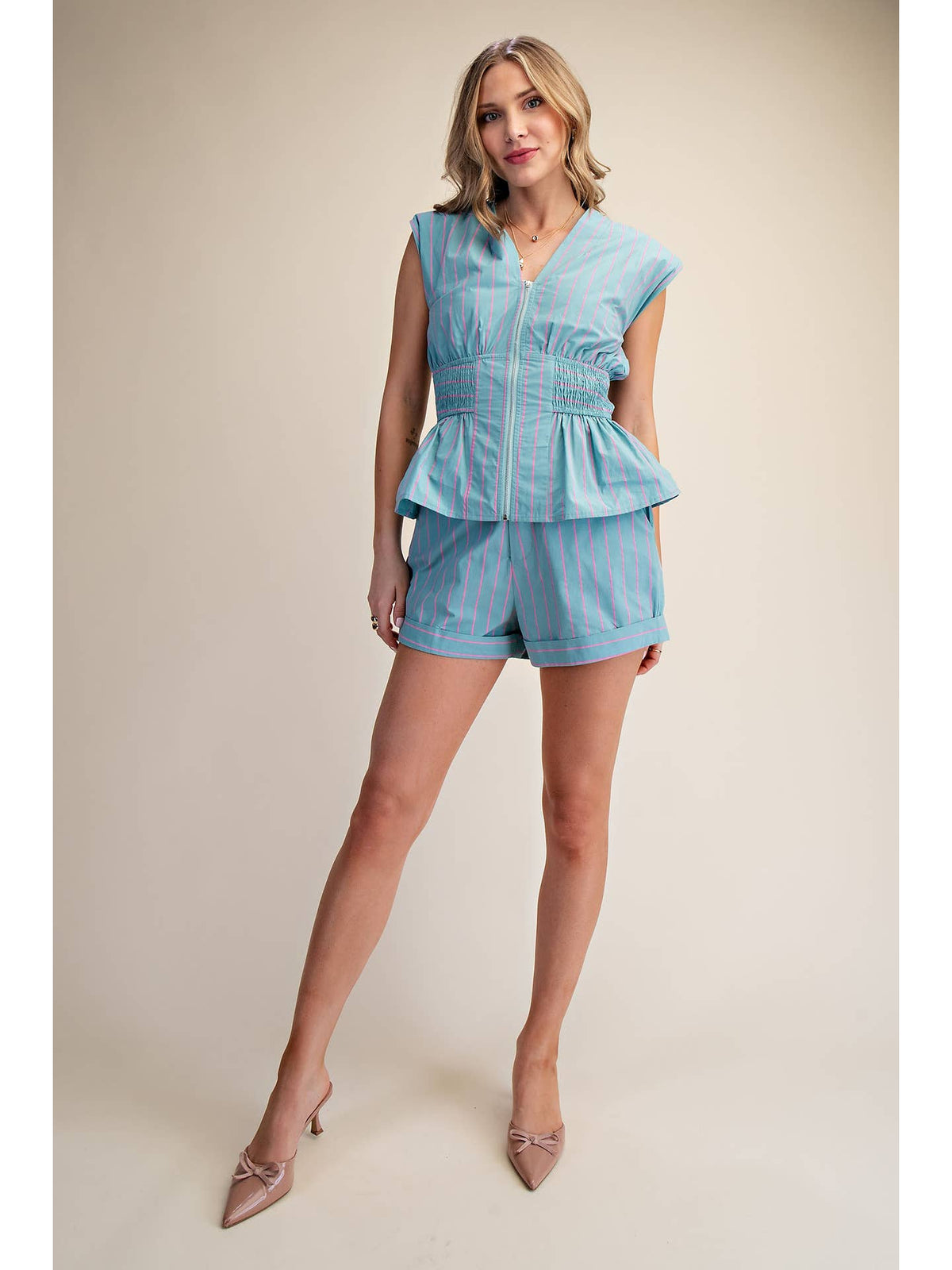 Mint and Hot Pink Striped Sleeveless Vest V-Neck Top with Smocked Waist and Zipper Front | Glam