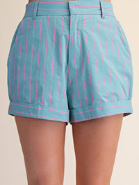 Mint High Waist Rolled Cuffs Hem Tailored Shorts with Pink Stripes | Glam