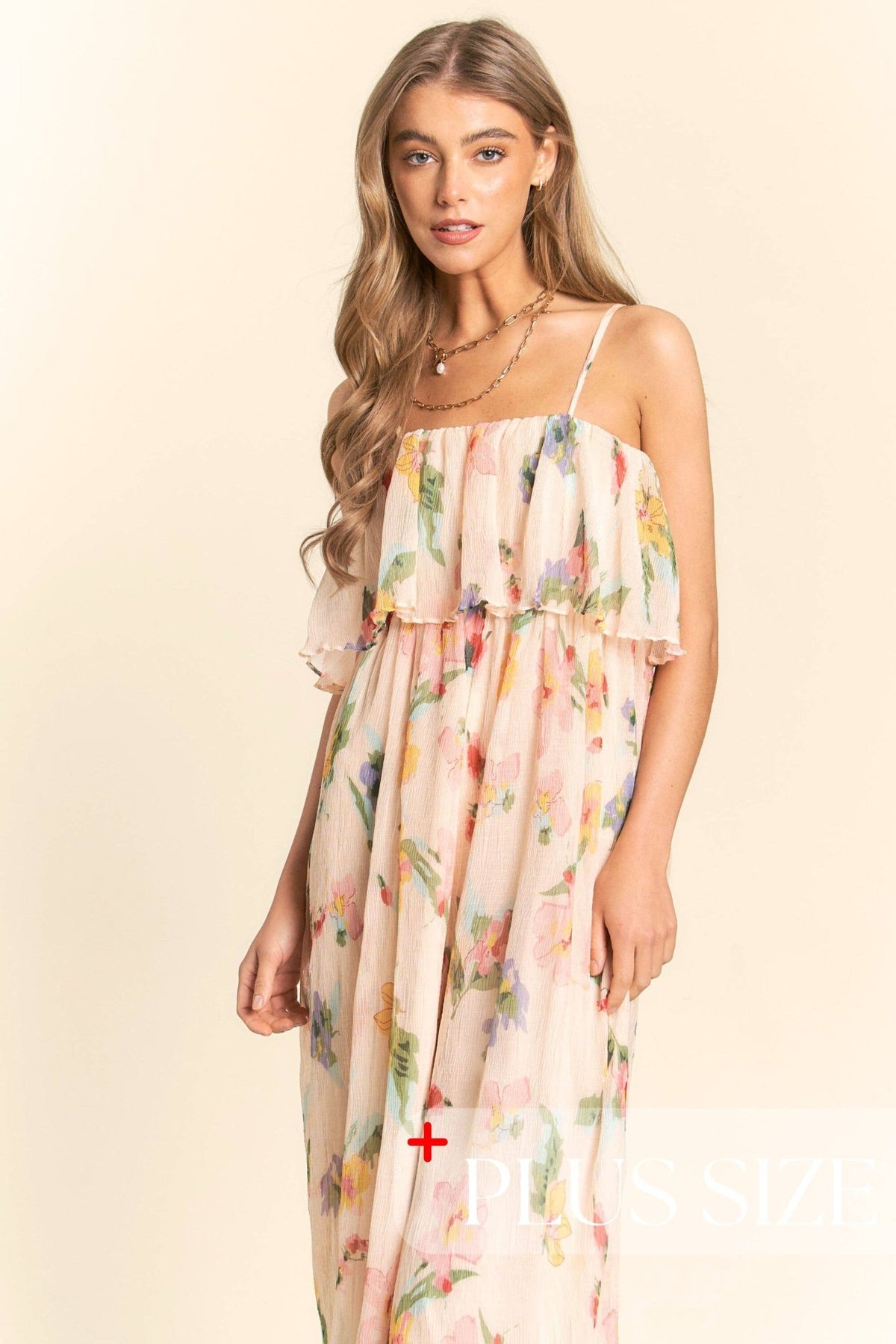 Multicolor (Plus Size Only) Floral Flounce Top Sleeveless Jumpsuit with Adjustable Spaghetti Straps | J.NNA
