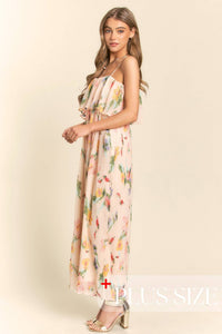 Multicolor (Plus Size Only) Floral Flounce Top Sleeveless Jumpsuit with Adjustable Spaghetti Straps | J.NNA