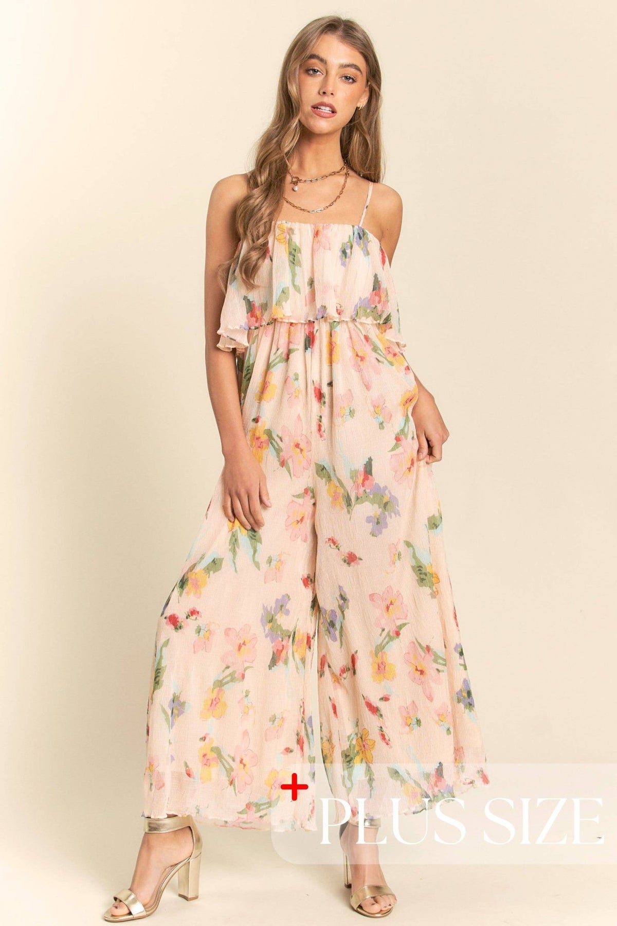 Multicolor (Plus Size Only) Floral Flounce Top Sleeveless Jumpsuit with Adjustable Spaghetti Straps | J.NNA