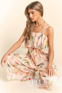 Multicolor (Plus Size Only) Floral Flounce Top Sleeveless Jumpsuit with Adjustable Spaghetti Straps | J.NNA