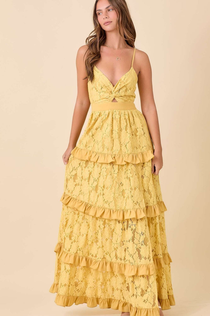 Mustard Gold Laced Ruffled Tiered Maxi Dress with Adjustable Straps