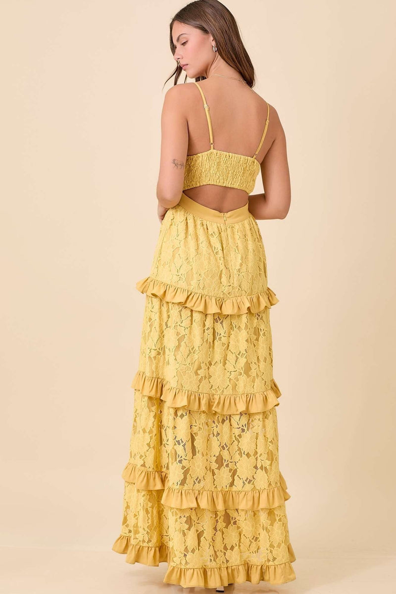 gold ruffle maxi dress Mew Mews Finnick High Neck Rhinestone Ruffle Maxi Dress In Chartreuse main image 0