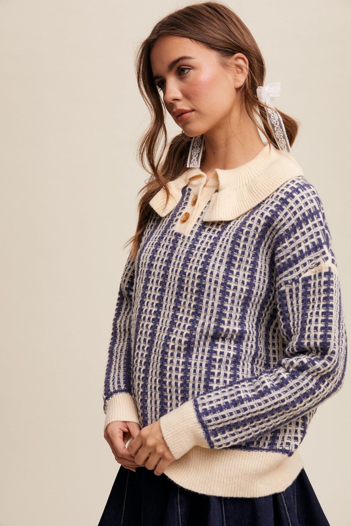 Navy and Ivory Ruffle Collar Button Front Contrast Plaid Sweater | Listicle