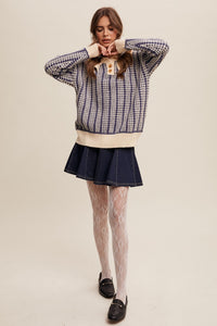 Navy and Ivory Ruffle Collar Button Front Contrast Plaid Sweater | Listicle