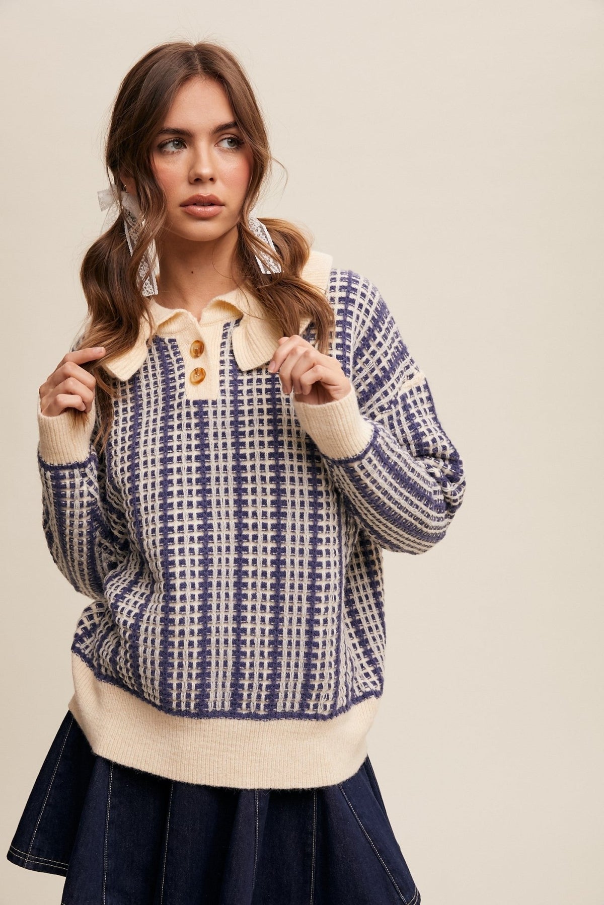 Navy and Ivory Ruffle Collar Button Front Contrast Plaid Sweater | Listicle