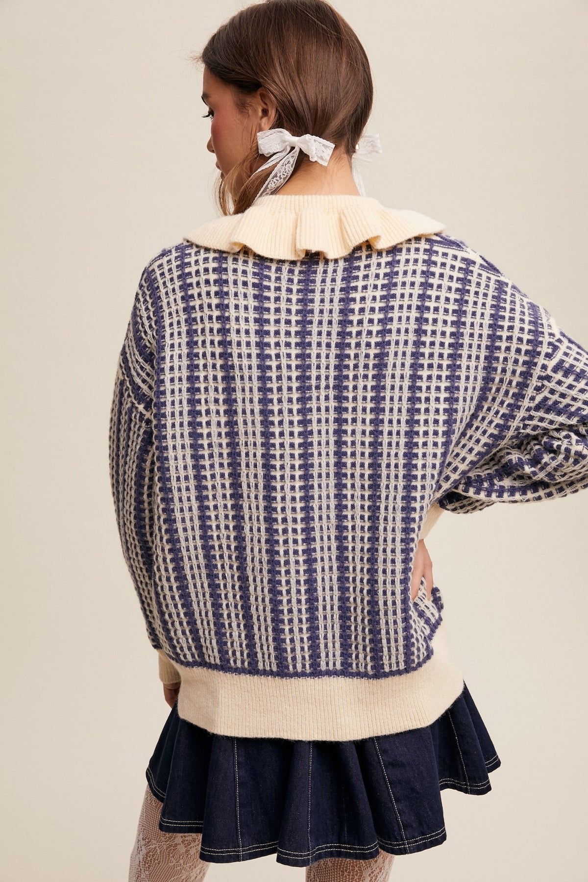 Navy and Ivory Ruffle Collar Button Front Contrast Plaid Sweater | Listicle