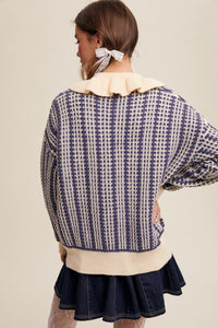 Navy and Ivory Ruffle Collar Button Front Contrast Plaid Sweater | Listicle
