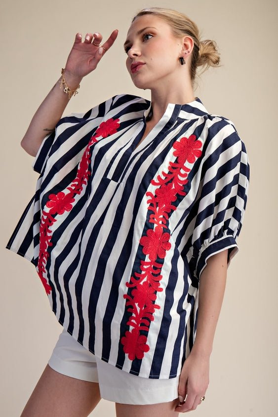 Navy and White Striped Oversized Short Sleeve Top with Red Floral Embroidery | Glam