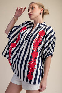Navy and White Striped Oversized Short Sleeve Top with Red Floral Embroidery | Glam