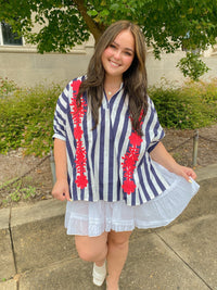 Navy and White Striped Oversized Short Sleeve Top with Red Floral Embroidery | Glam
