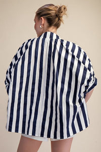 Navy and White Striped Oversized Short Sleeve Top with Red Floral Embroidery | Glam