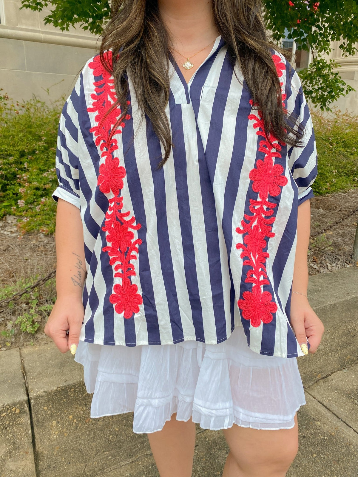 Navy and White Striped Oversized Short Sleeve Top with Red Floral Embroidery | Glam