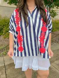 Navy and White Striped Oversized Short Sleeve Top with Red Floral Embroidery | Glam