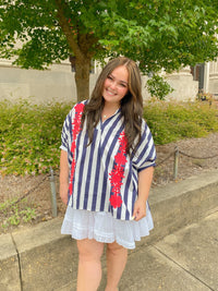 Navy and White Striped Oversized Short Sleeve Top with Red Floral Embroidery | Glam