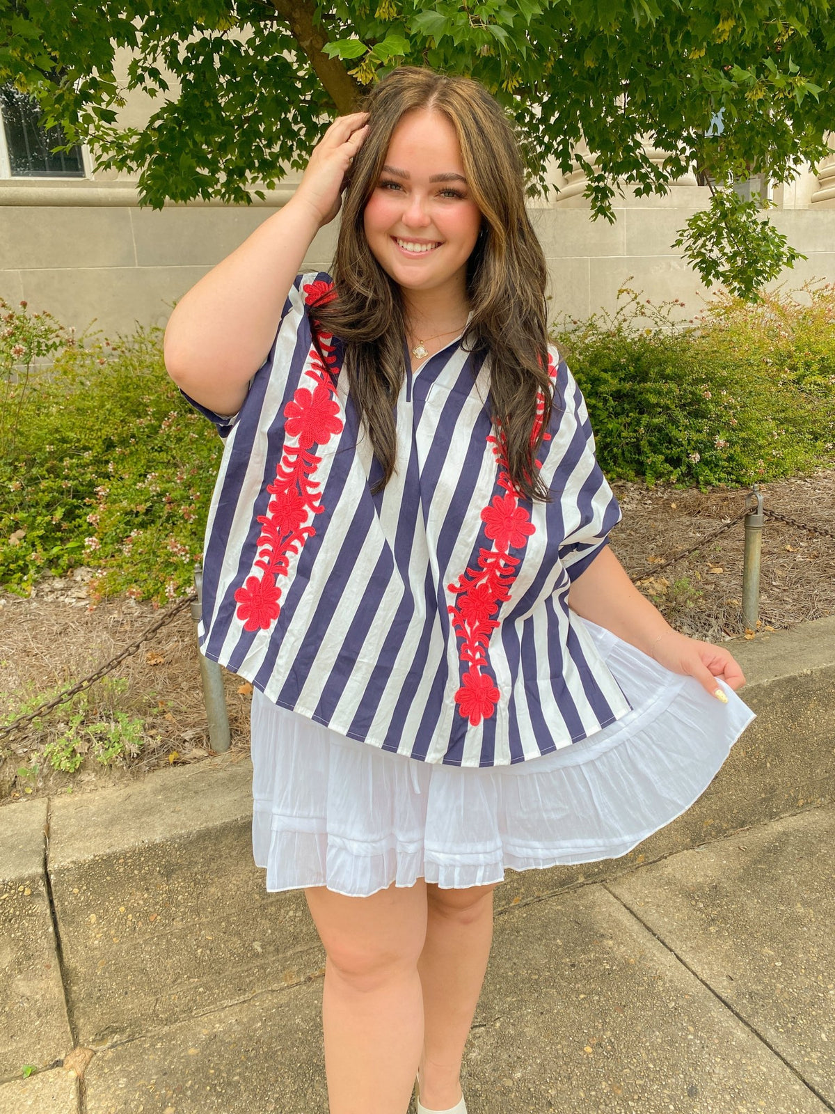 Navy and White Striped Oversized Short Sleeve Top with Red Floral Embroidery | Glam
