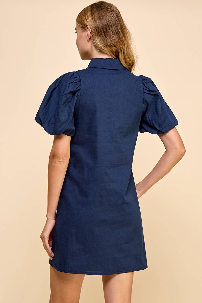 NAVY COLARED PUFF SLEEVE BUTTON DOWN SHIFT DRESS