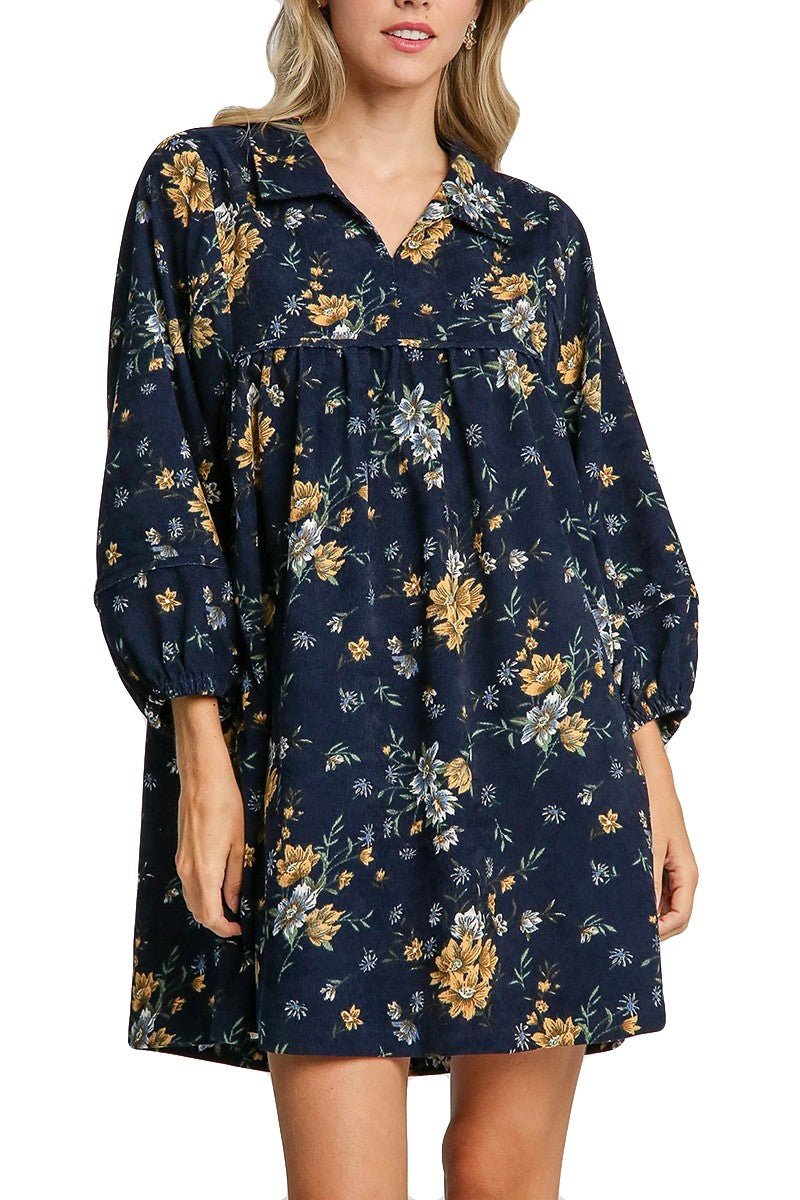 Navy Floral Corduroy Dress | Mad Fit