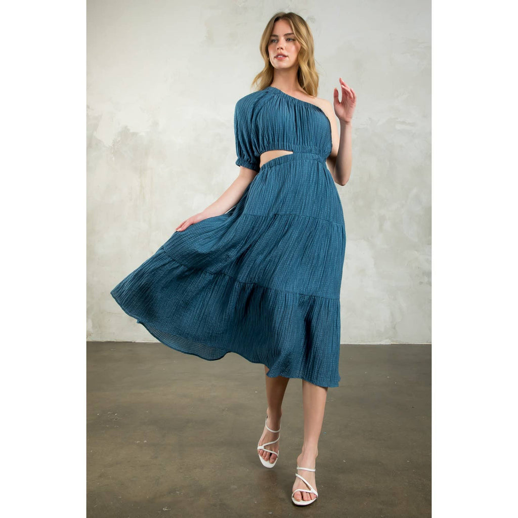 one shoulder puff sleeve midi dress Navy One Shoulder Puff Sleeve Textured Dress X-Large