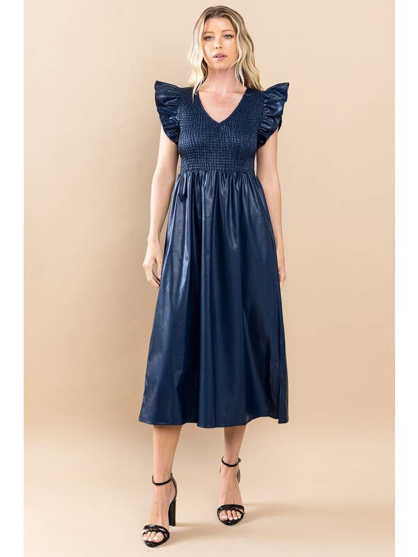 tcec leather dress TCEC Women's Faux Leather Dress Small Pearl Ruffle Sleeve Mini Shift NWT