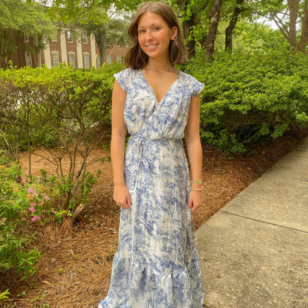 Off White And Blue Cap Sleeve Wrap Maxi Dress