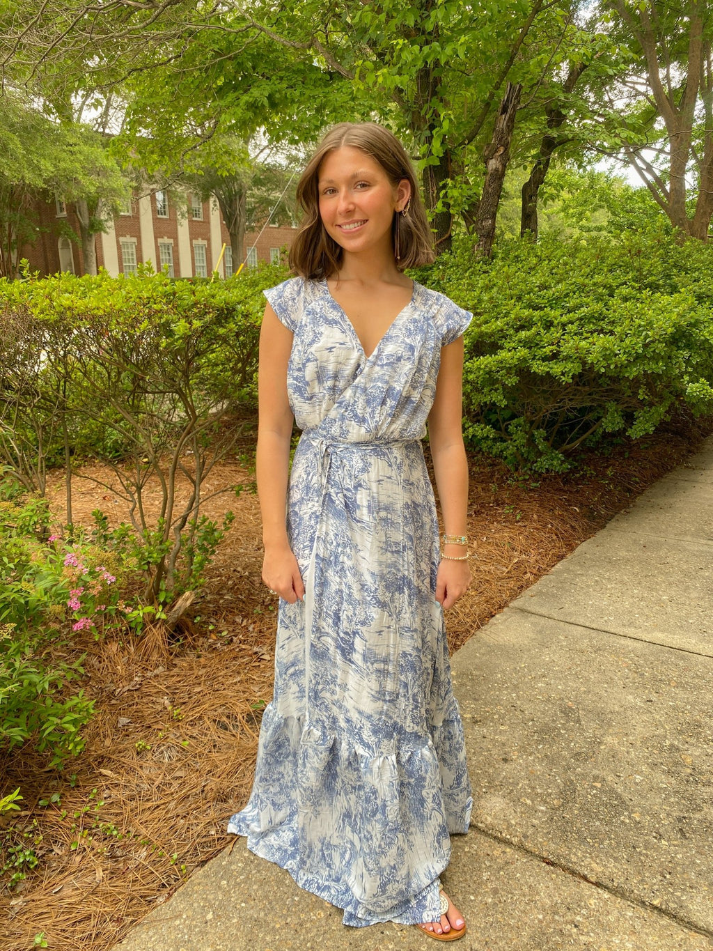 Off White And Blue Cap Sleeve Wrap Maxi Dress Off White And Blue Cap Sleeve Wrap Maxi Dress