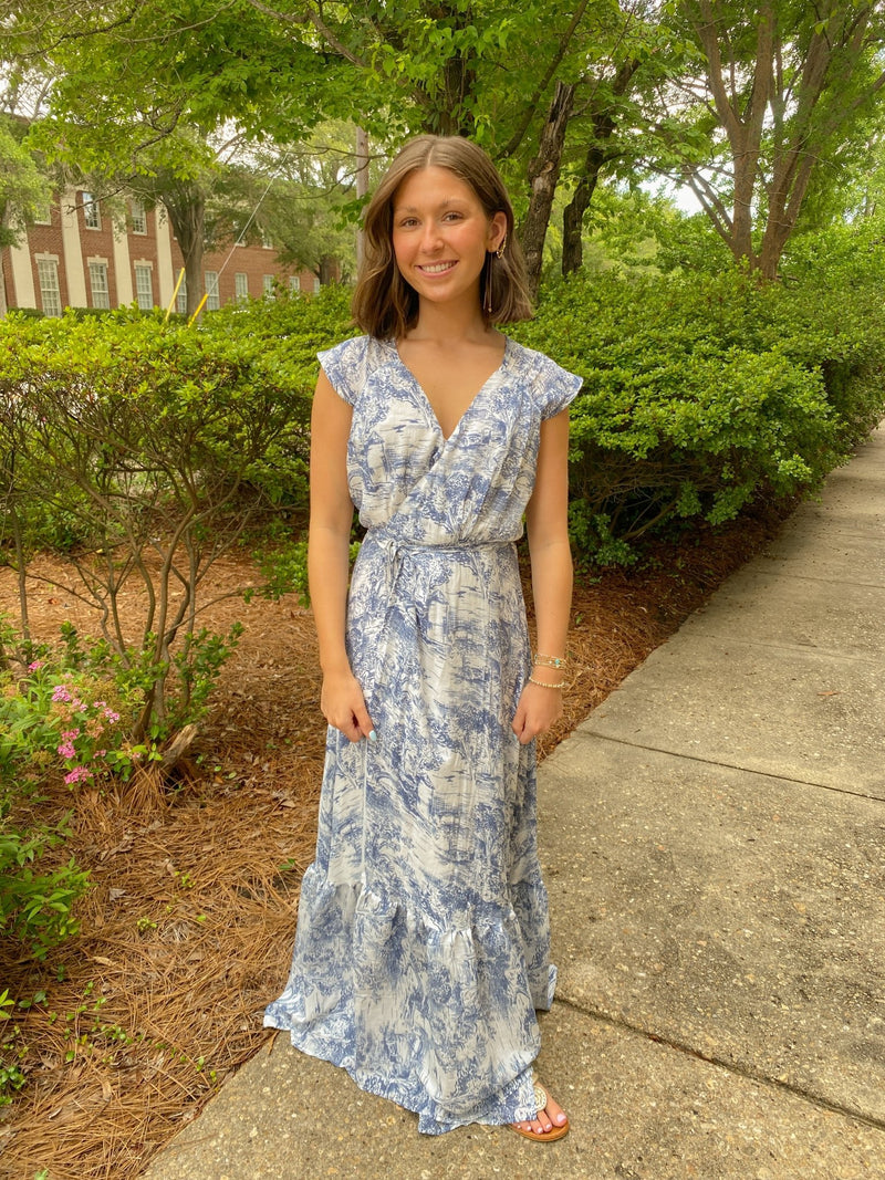 Buy Off White And Blue Cap Sleeve Wrap Maxi Dress Online