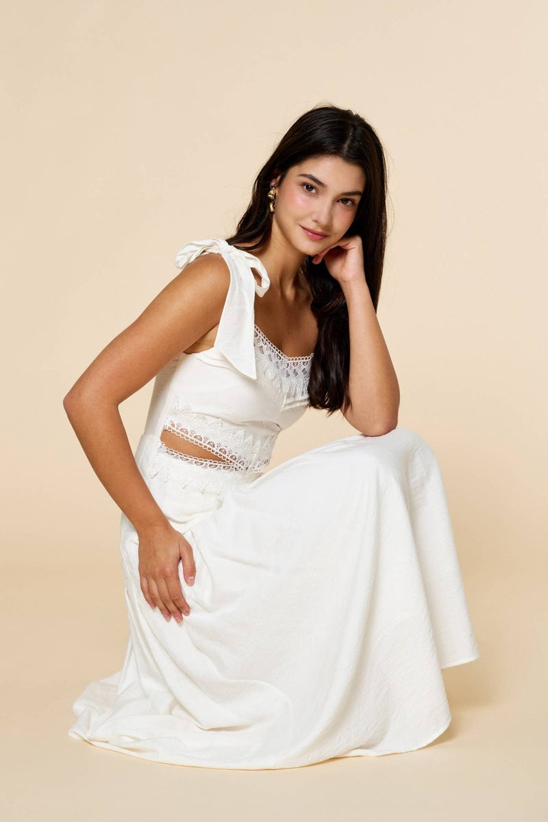 Buy Off-White Lace Detail Cut Out Shoulder Tie Maxi Dress Online