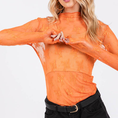 ORANGE GAME DAY LONG SLEEVE FLORAL LACE TOP Medium ORANGE GAME DAY LONG SLEEVE FLORAL LACE TOP Medium