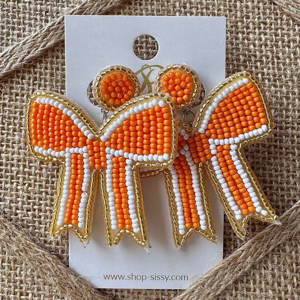 Orange with White and Gold Trim Seedbead Coquette Bow Earrings | Kym Imports