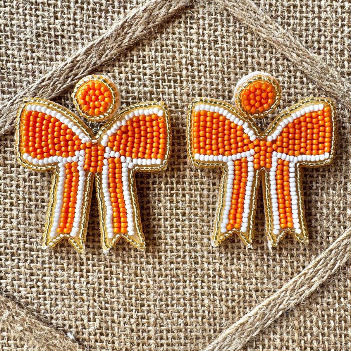 Orange with White and Gold Trim Seedbead Coquette Bow Earrings | Kym Imports