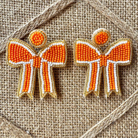 Orange with White and Gold Trim Seedbead Coquette Bow Earrings | Kym Imports