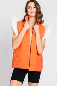 ORANGE/WHITE PUFF SNAP BUTTON COLORBLOCK HIGH NECK VEST | Sewn and Seen