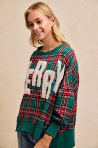 Oversized Green Christmas Plaid Pullover with "Chenille" Patch and Split Hem | Bibi
