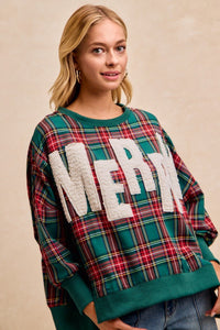 Oversized Green Christmas Plaid Pullover with "Chenille" Patch and Split Hem | Bibi
