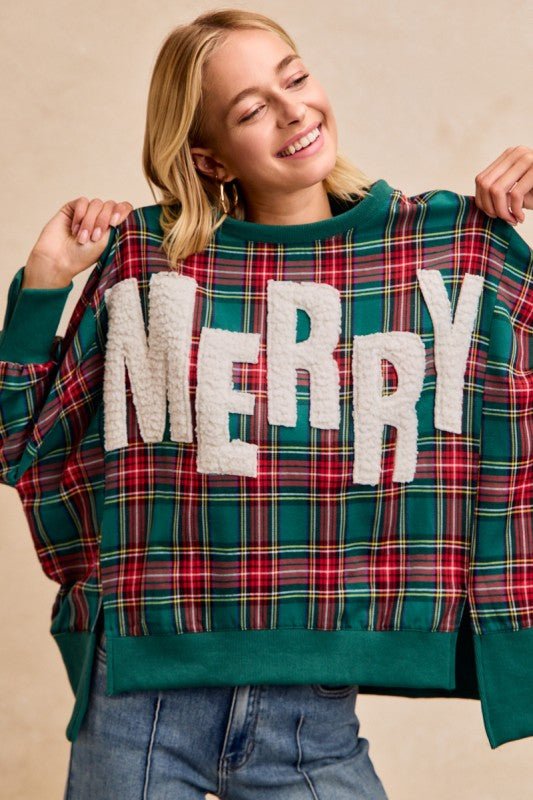 Oversized Green Christmas Plaid Pullover with "Chenille" Patch and Split Hem | Bibi