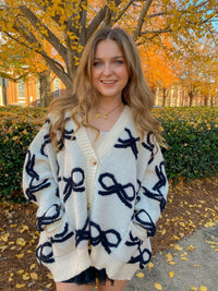 Oversized White Ribbon Pullover Sweater With Black Bows Cardigan | BUCKETLIST