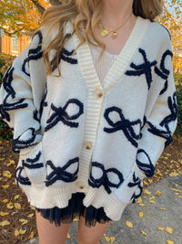 Oversized White Ribbon Pullover Sweater With Black Bows Cardigan | BUCKETLIST