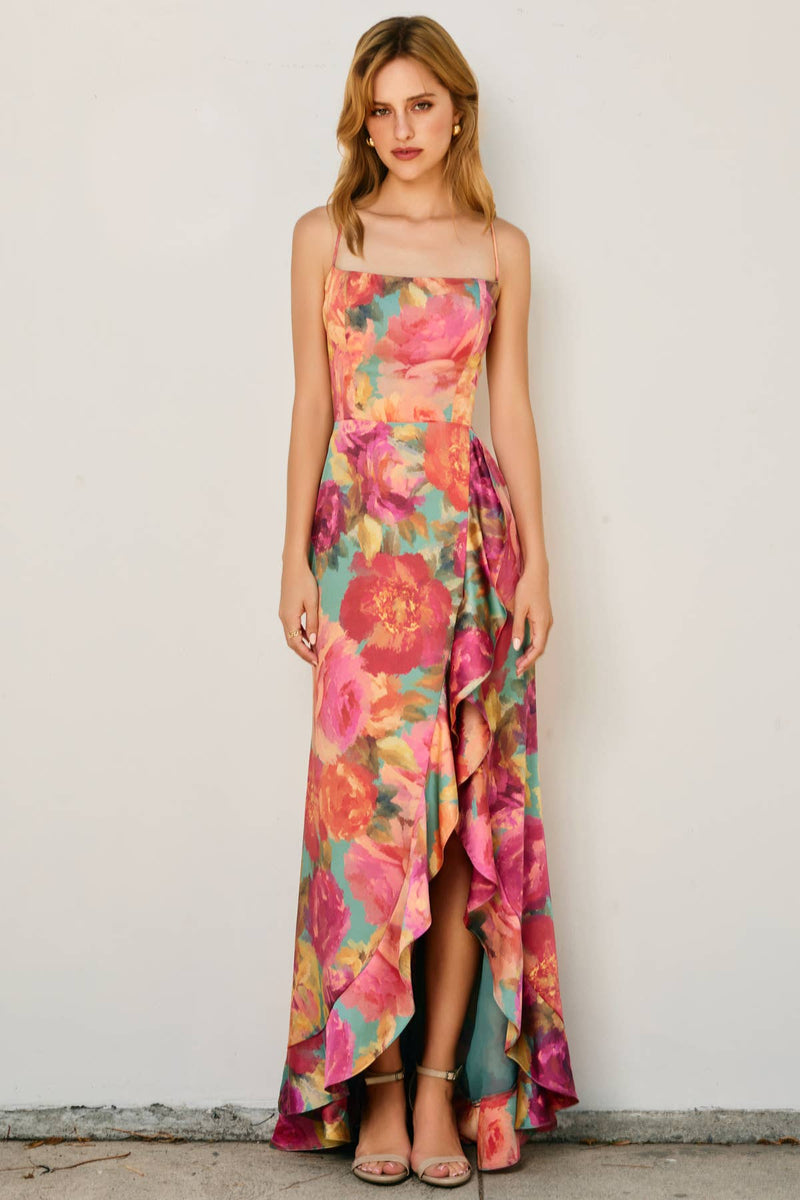 Parisian Floral Corset Open Back Ruffled Dress Large
