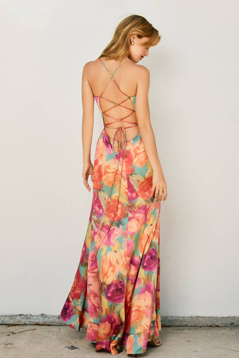 Parisian Floral Corset Open Back Ruffled Dress Large