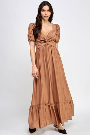 short peasant dress Peasant Short Sleeve Tie Front Maxi Dress