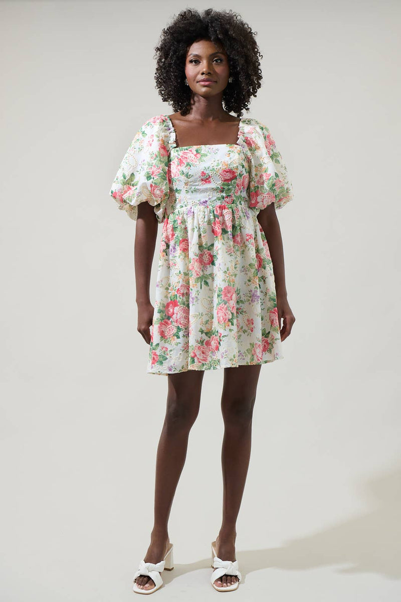 white floral babydoll dress Peony Eyelet Sonora Bubble Sleeve WHITE-RED / M Beginner Sewing PDF Z SUPPLY Women's Reese Do Not Bleach Dress's Color:3#-Yellow