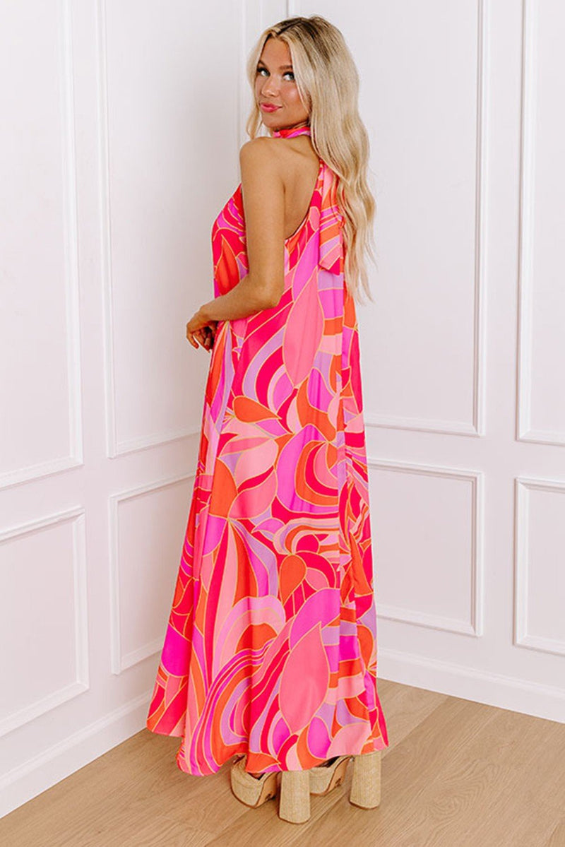 Pink Abstract Printed High Neck Knotted Nape Maxi Dress Pink Abstract Printed High Neck Knotted Nape Maxi Dress