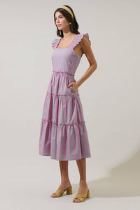 Pink and Green Valda Striped Aurie Tiered Midi Dress | Sugarlips