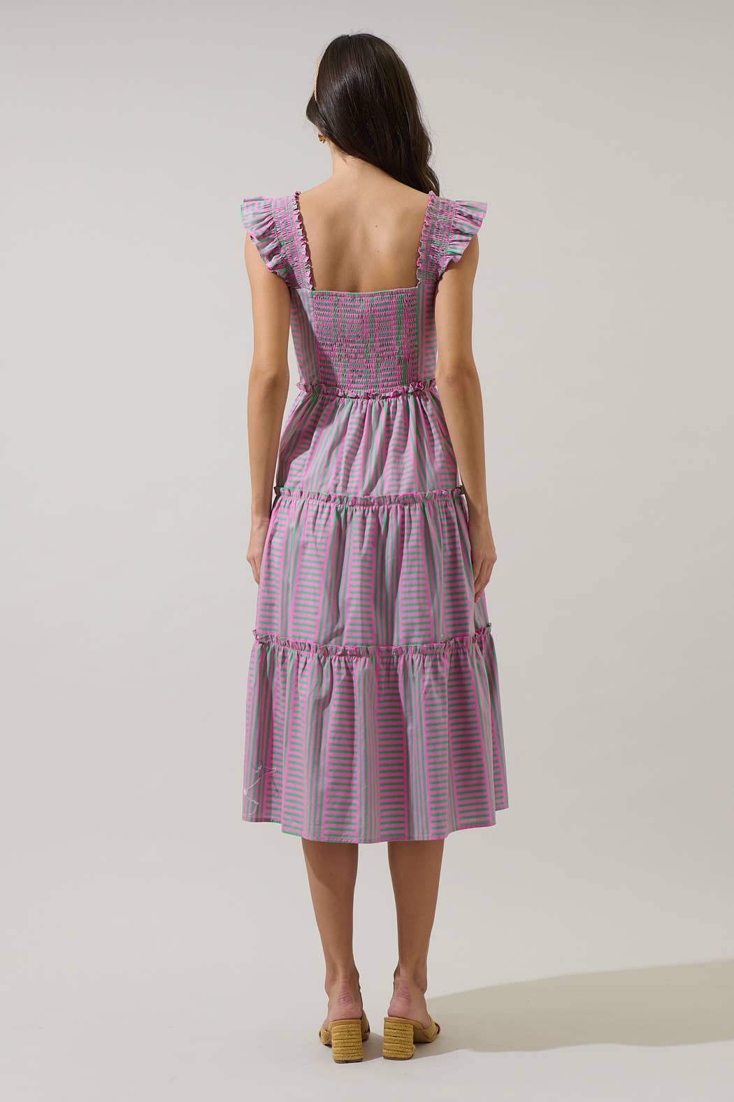 Pink and Green Valda Striped Aurie Tiered Midi Dress | Sugarlips